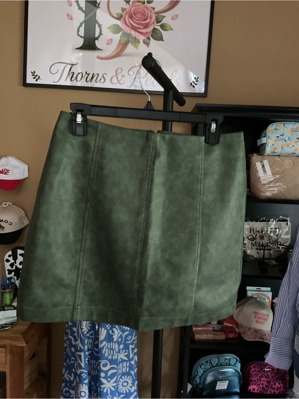 She + Sky Olive Green Faux-Leather A-Line Skirt
